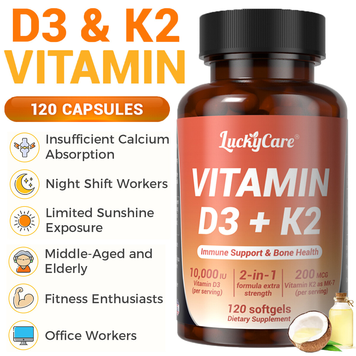 Vitamin D3 K2 Softgels Capsules – Extra Strength D3 K2 Supplements with 10000 IU