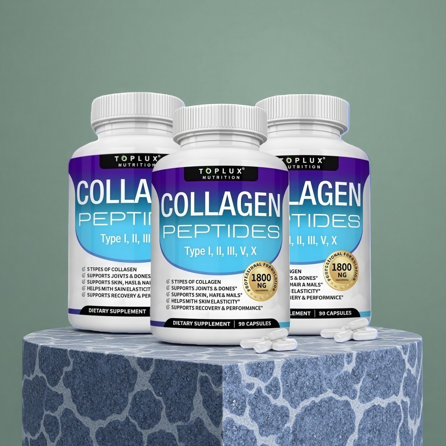 3PCS Toplux Nutrition Collagen Peptides 5 Types 1800mg US-Made 90 Capsules