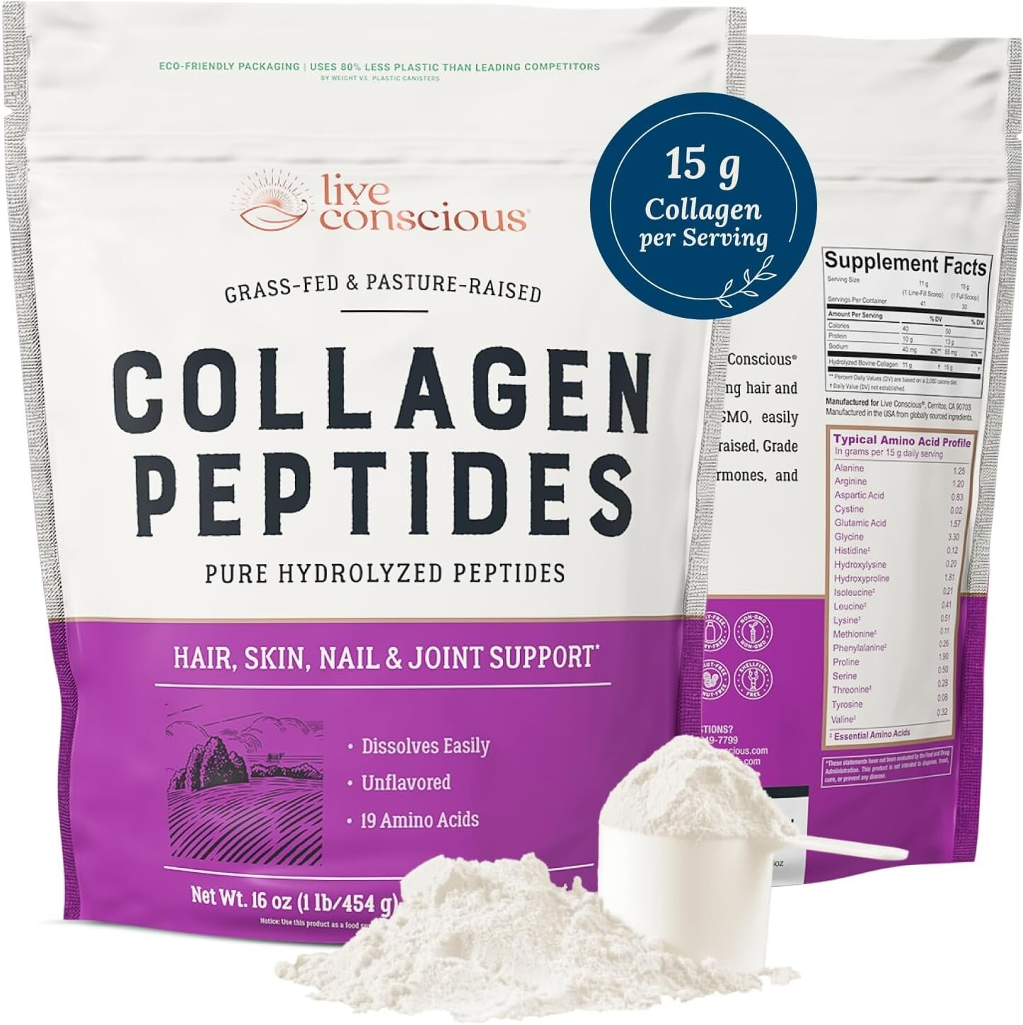 Live Conscious Collagen Peptides Powder – Hair, Skin, Nail & J Support – 16 oz