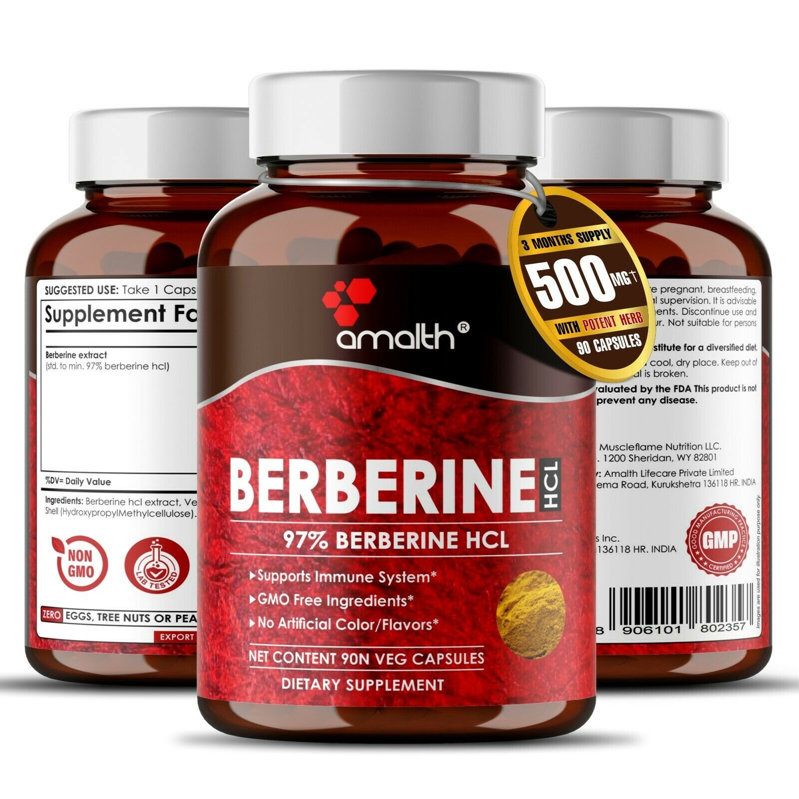 Berberine HCI Premium 97% Berberine Blood Sugar 500mg Capsules – 90 Count