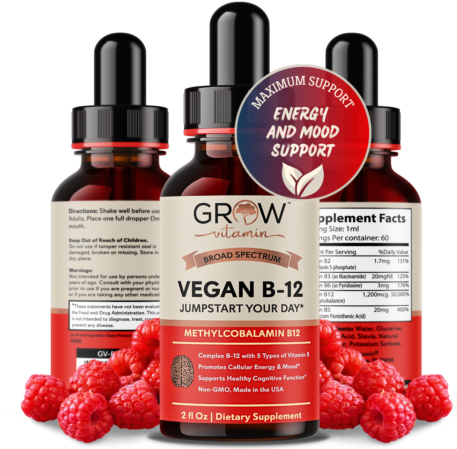 Vitamin B12, 5000 mcg, 3-in-1 Organic Liquid Vitamin B12, 30-Day Supply (1 Oz)