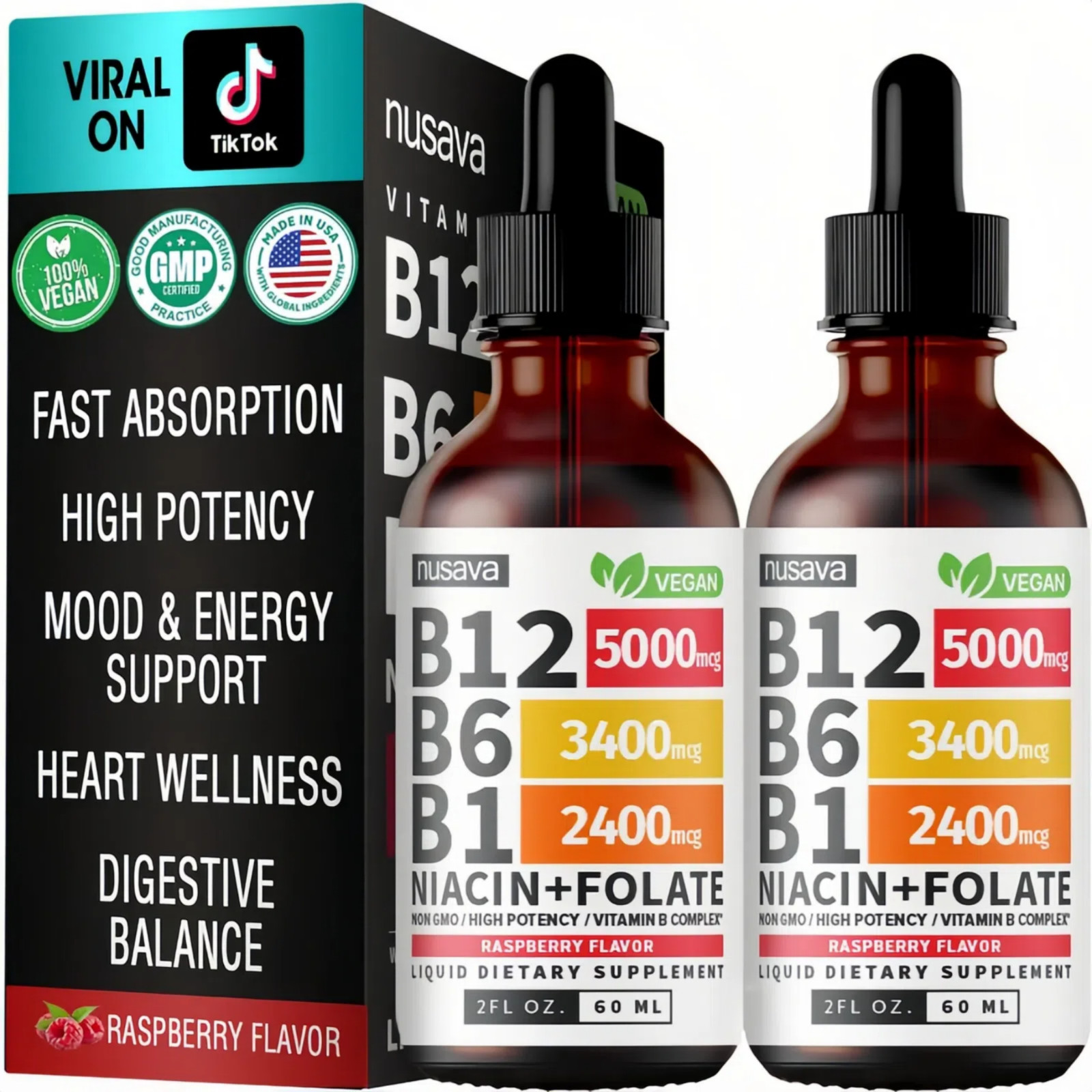 2-PC Nusava Vitamin B complex – B 12, B 6 & B 1 + Niacin & Folate – Double pack