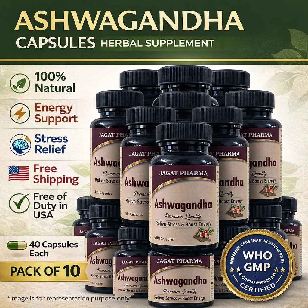 Ashwagandha Capsules Ayurvedic Stress Relief Energy Support 40 Caps 10Pk