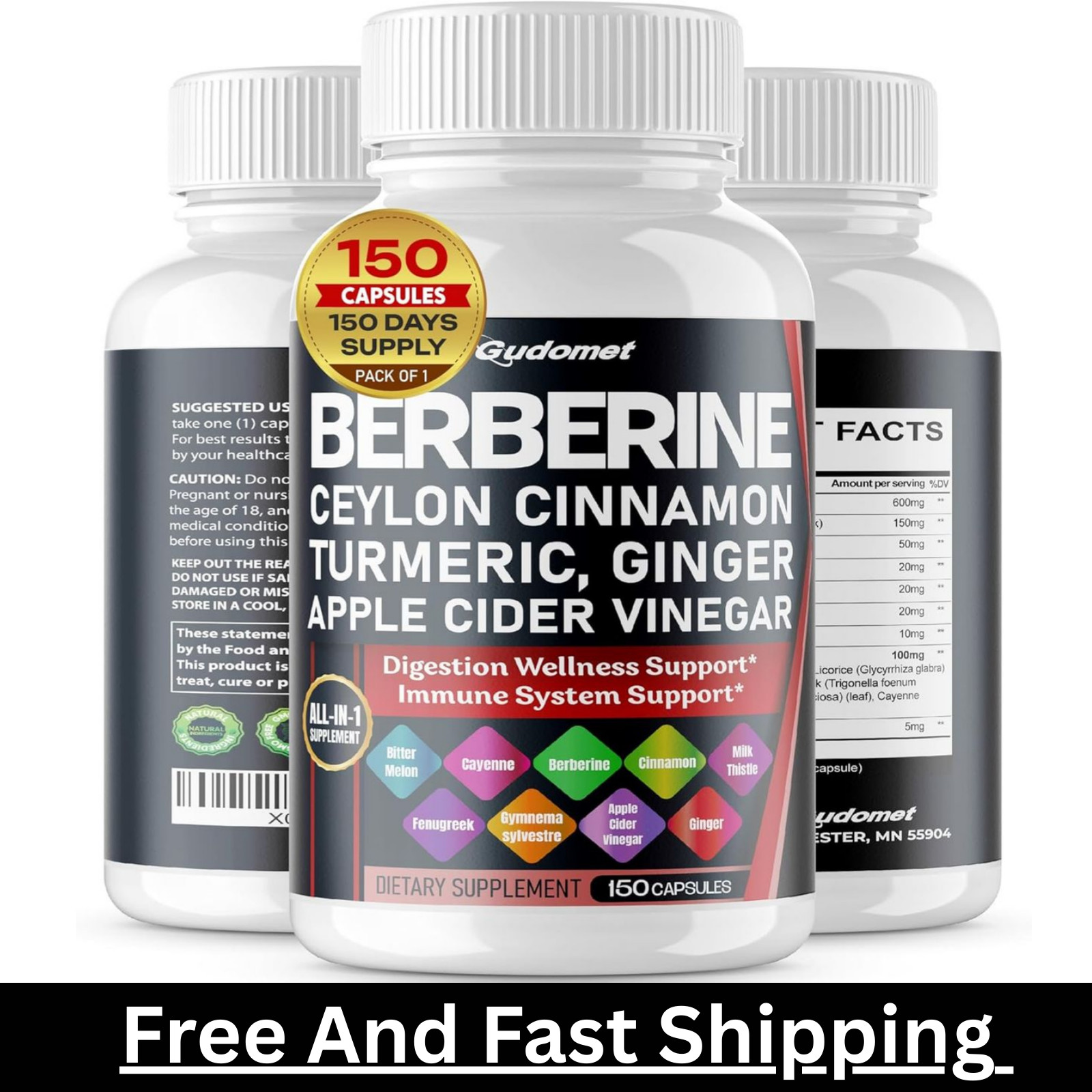 Premium Berberine with Ceylon Cinnamon 12,000mg 150 Caps Heart Health & Immune.