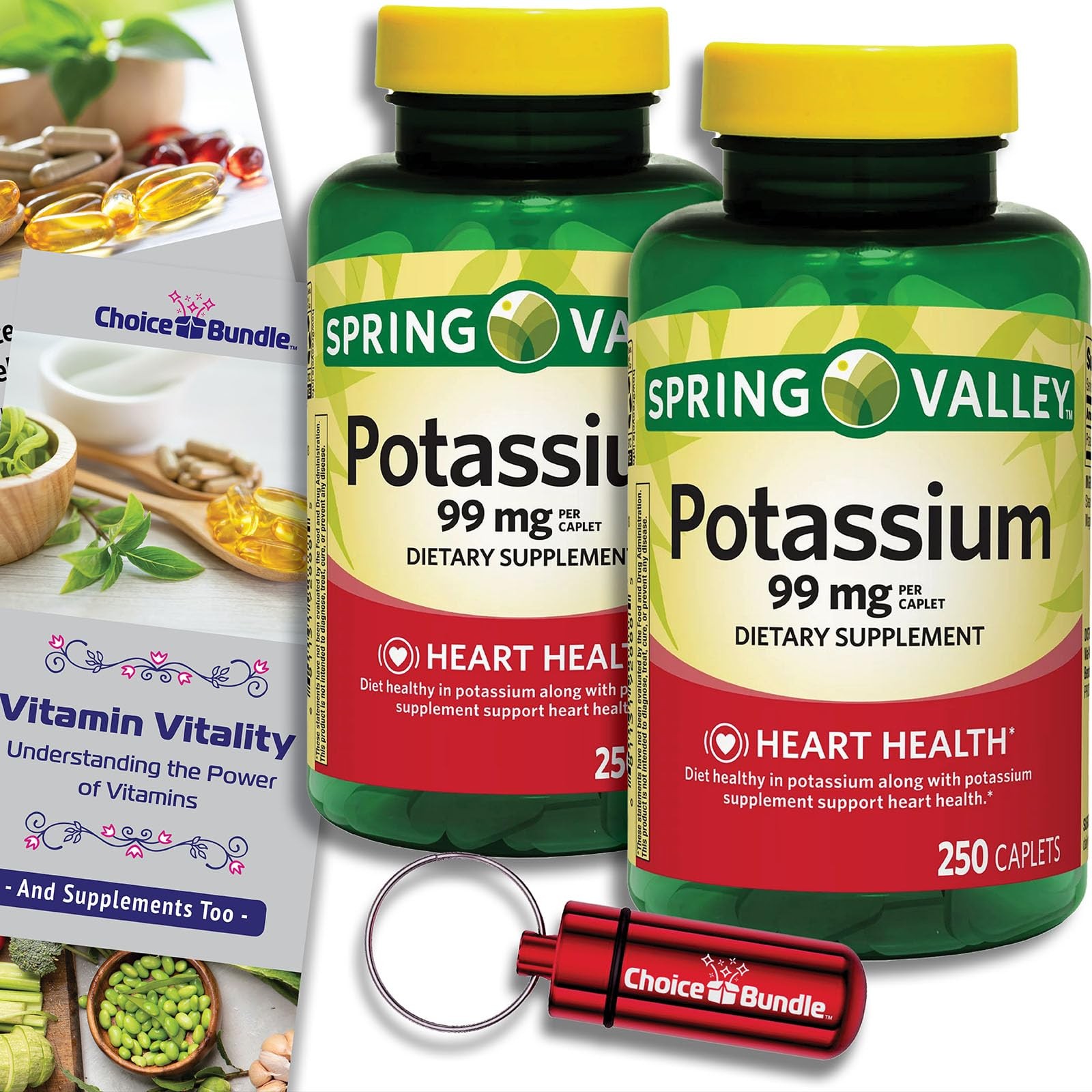 Spring Valley Potassium 99mg 2Pk (500ct) Heart + Bonus Vit Guide & Case