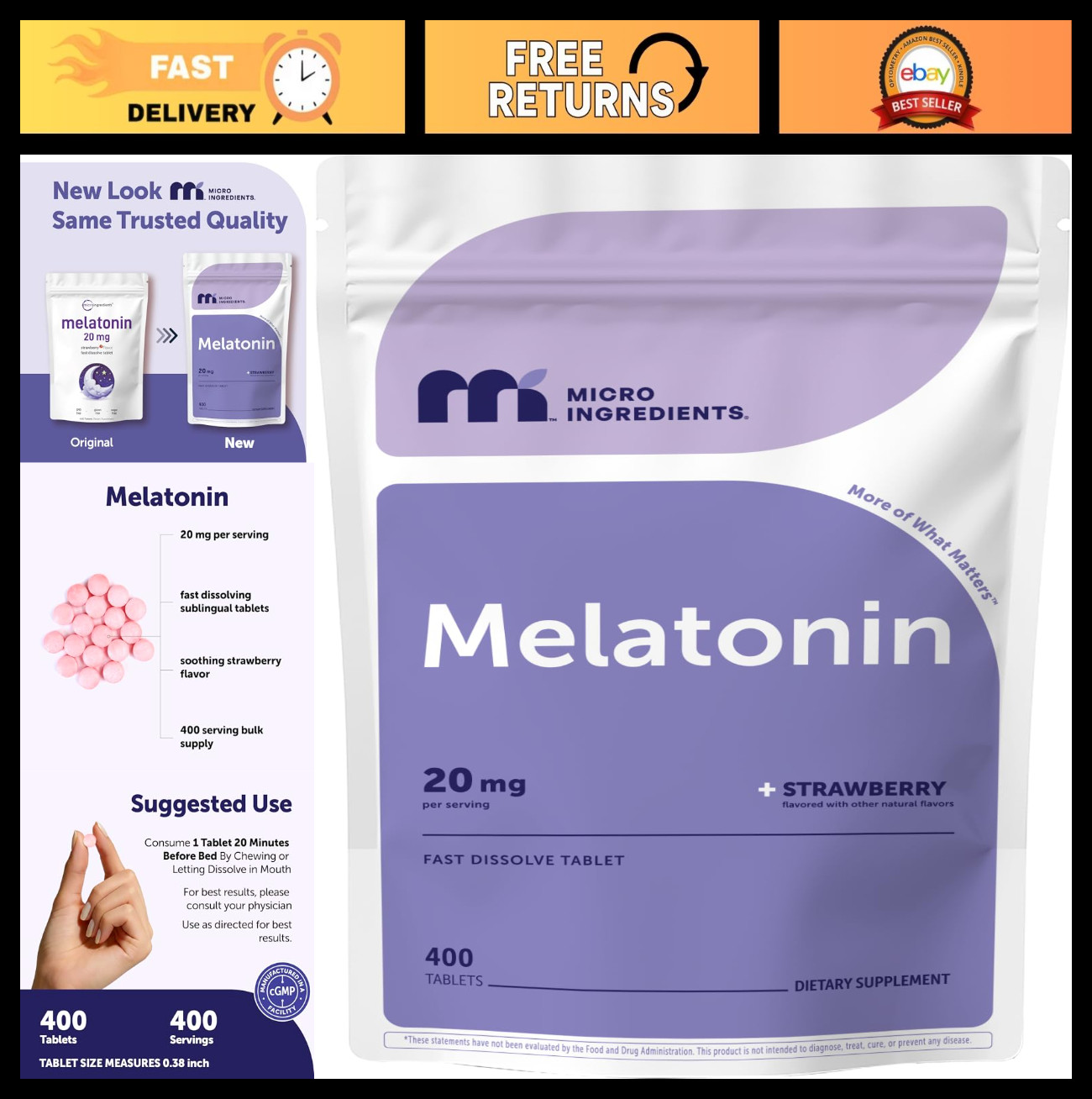 20mg Melatonin Tablets – 400 Count, Strawberry Flavor, Fast Dissolve, Vegan, Non