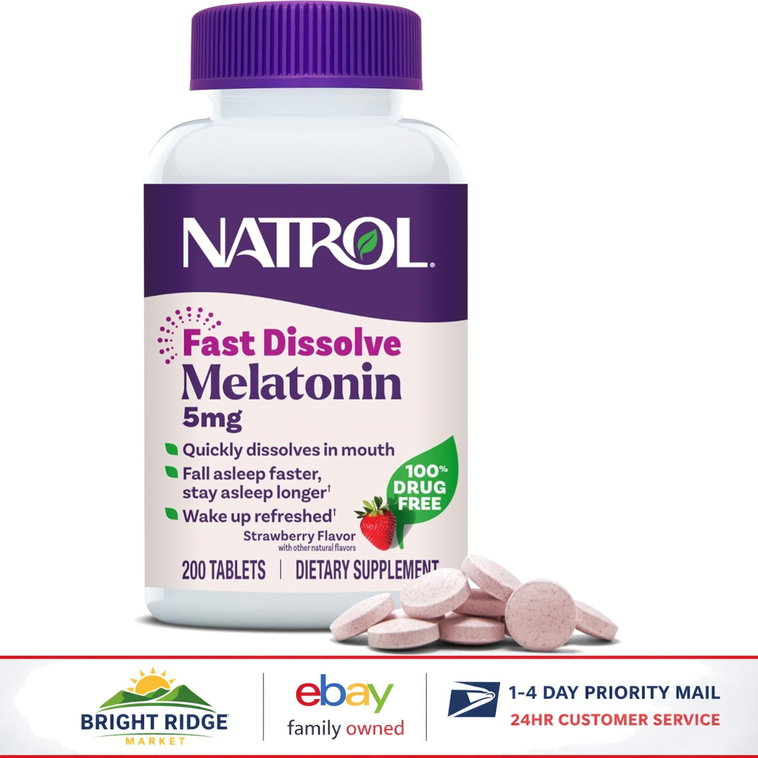 200 Count Melatonin Tablets, 5mg Strawberry Flavor for Sleep Support, Vegetarian