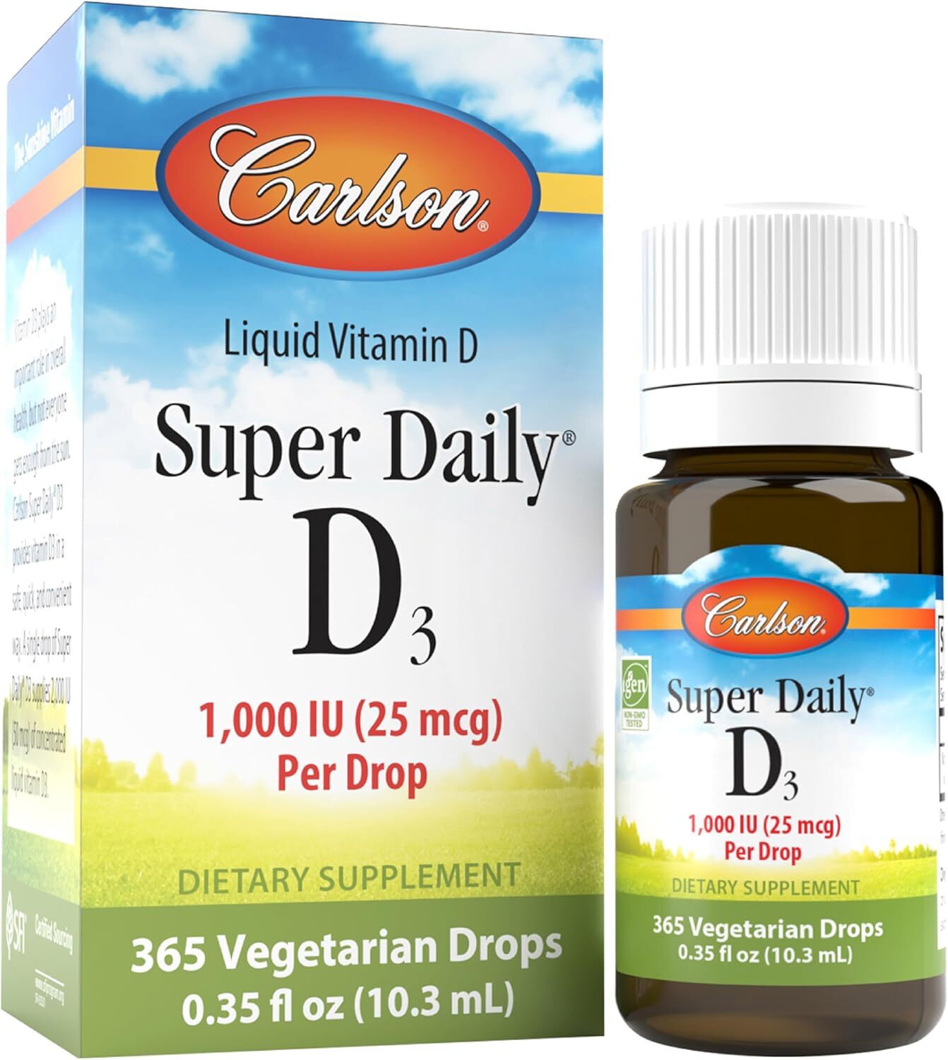 Carlson – Super Daily D3, Vitamin D Drops, 1,000 IU (25 mcg) per Drop, 1-Year Su