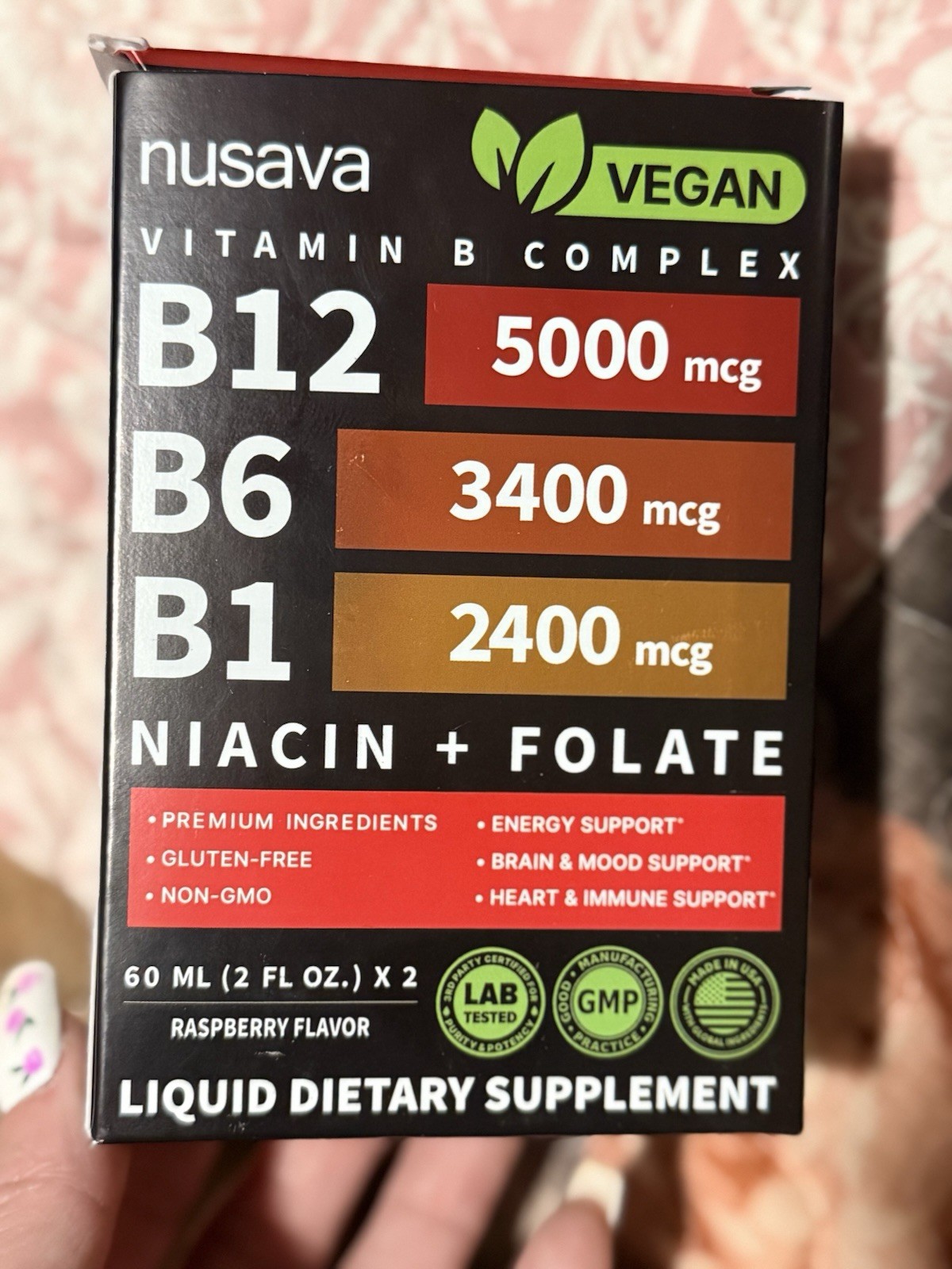 B12 (5000 MG), B6 (3400 MG), B1 (2400 MG) Niacin + Folate 30 mL Raspberry Flavor