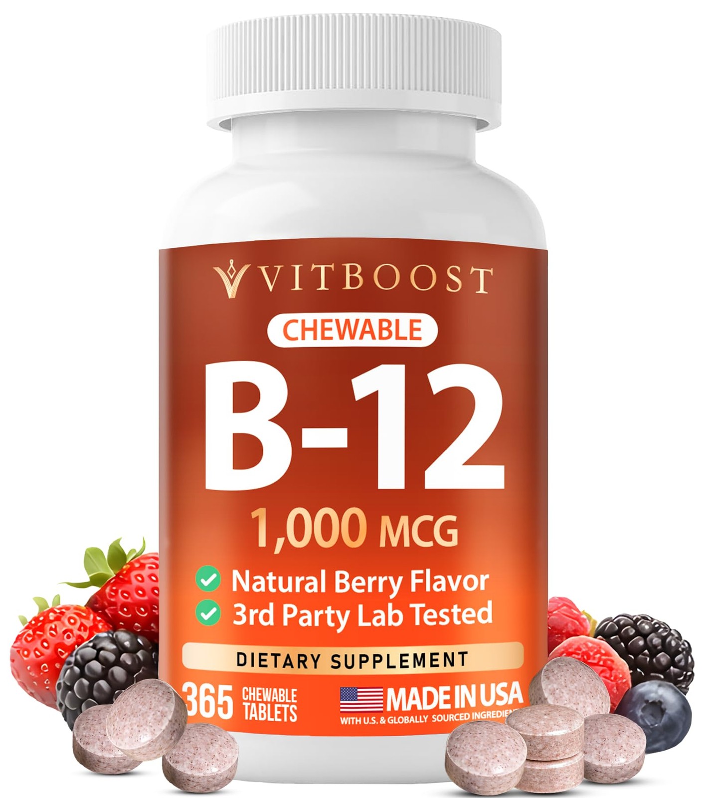 Vitamin B12 1000 mcg Chewable Tablets  365 Count Natural Berry Flavor B12 Vit…