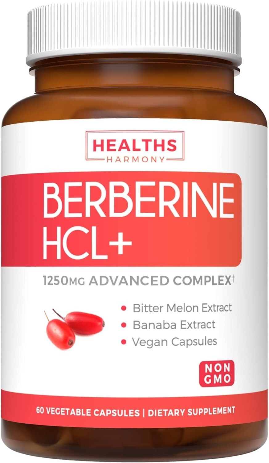 Healths Harmony Berberine Supplement (Vegetarian) Berberine HCL Plus, 60ct
