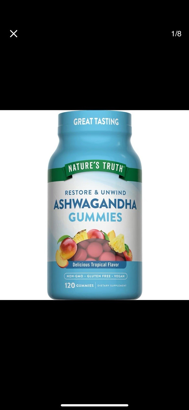 Ashwagandha 120 Count Gummies Supplement Tropical Flavor Vegan Gluten Free