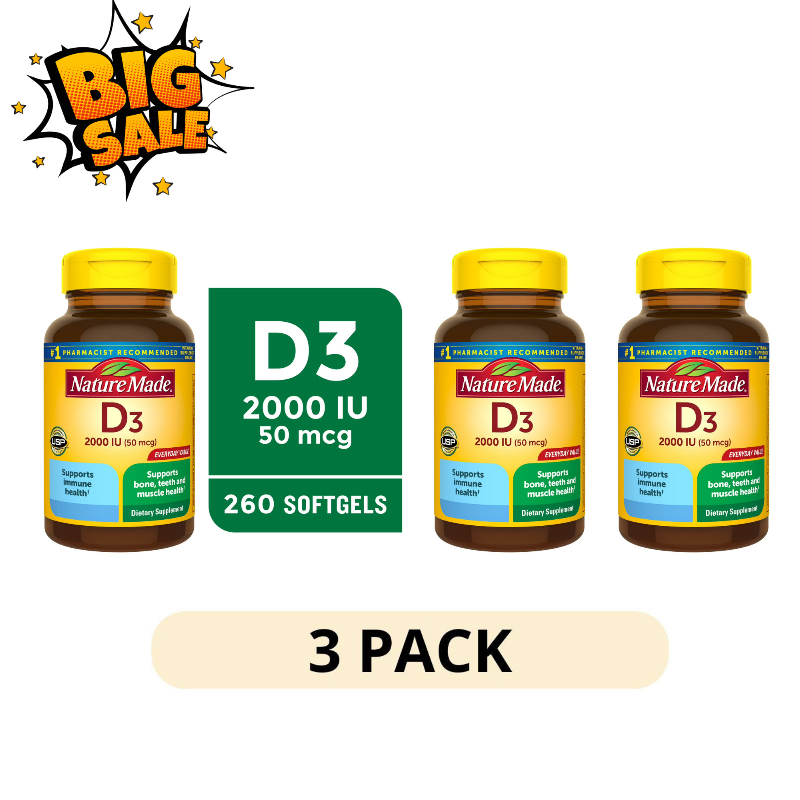 3 Pack Nature Made Vitamin D3 2000 IU 50 mcg Softgels Bone Immune Support 260 Ct