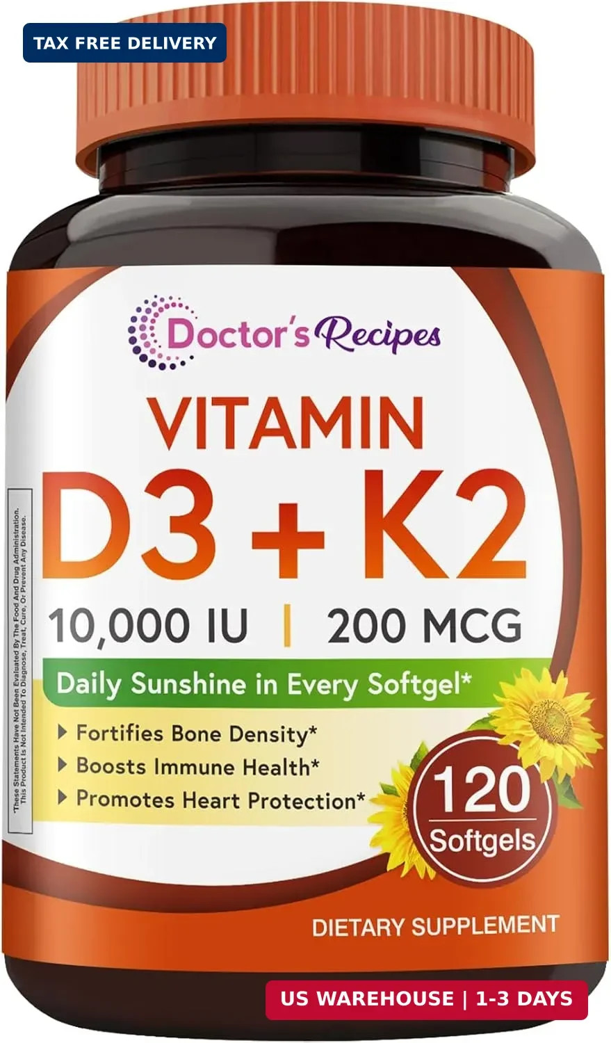 Doctor’s Recipes Vitamin D3 K2, 10,000 IU, 200 mcg, MK-7, Strong Bone Density, T