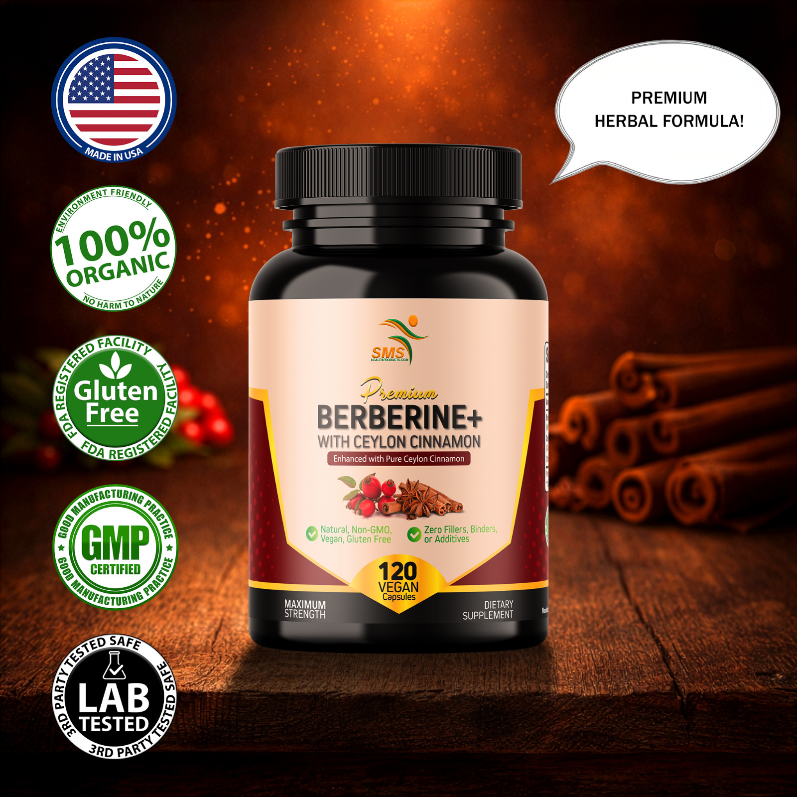 Berberine HCl + Ceylon Cinnamon – 1,300mg | Organic | No Fillers | 120 Capsules