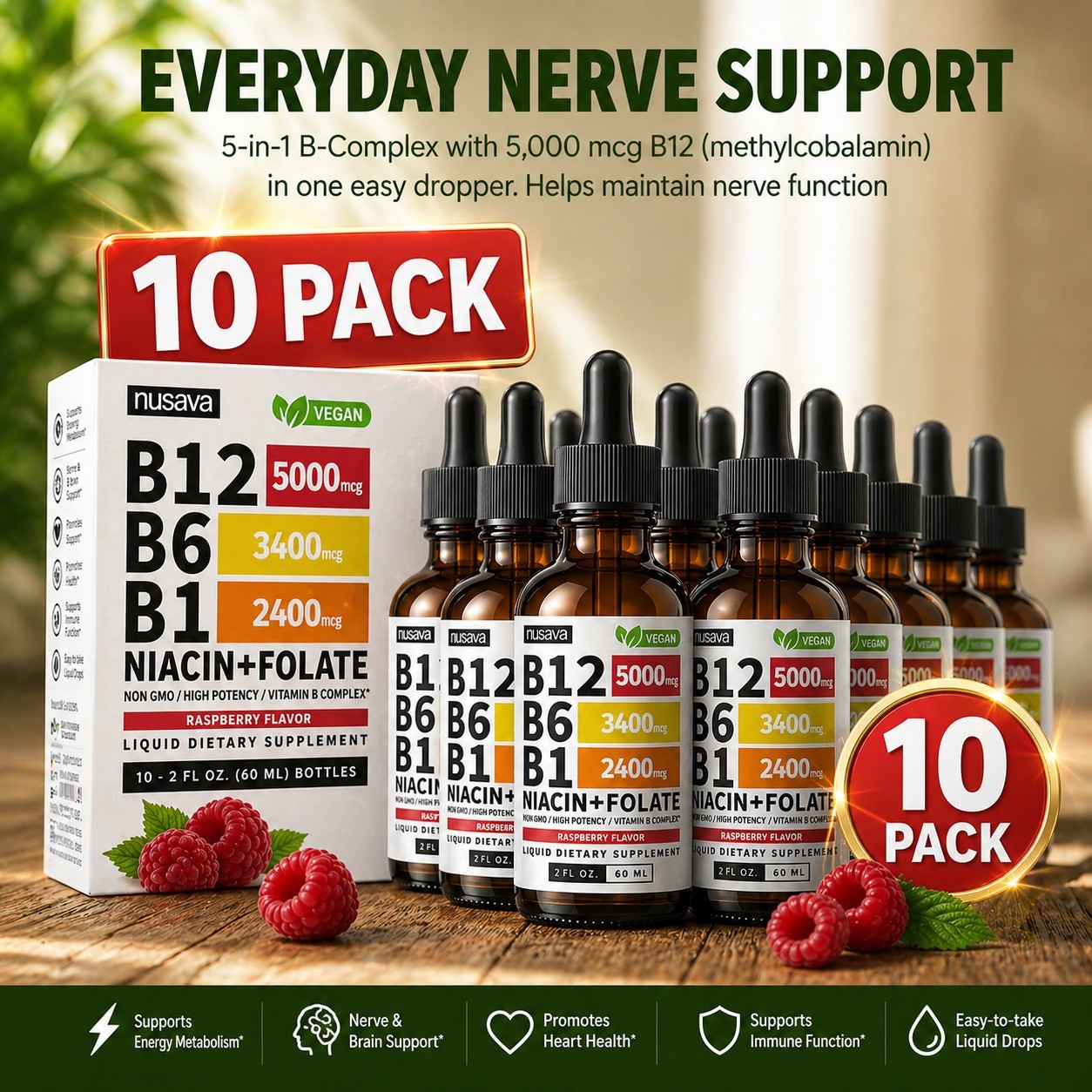 Vitamin B12 Liquid Drops Sublingual B Complex 4fl oz x10Pack B6 B1 Niacin Folate