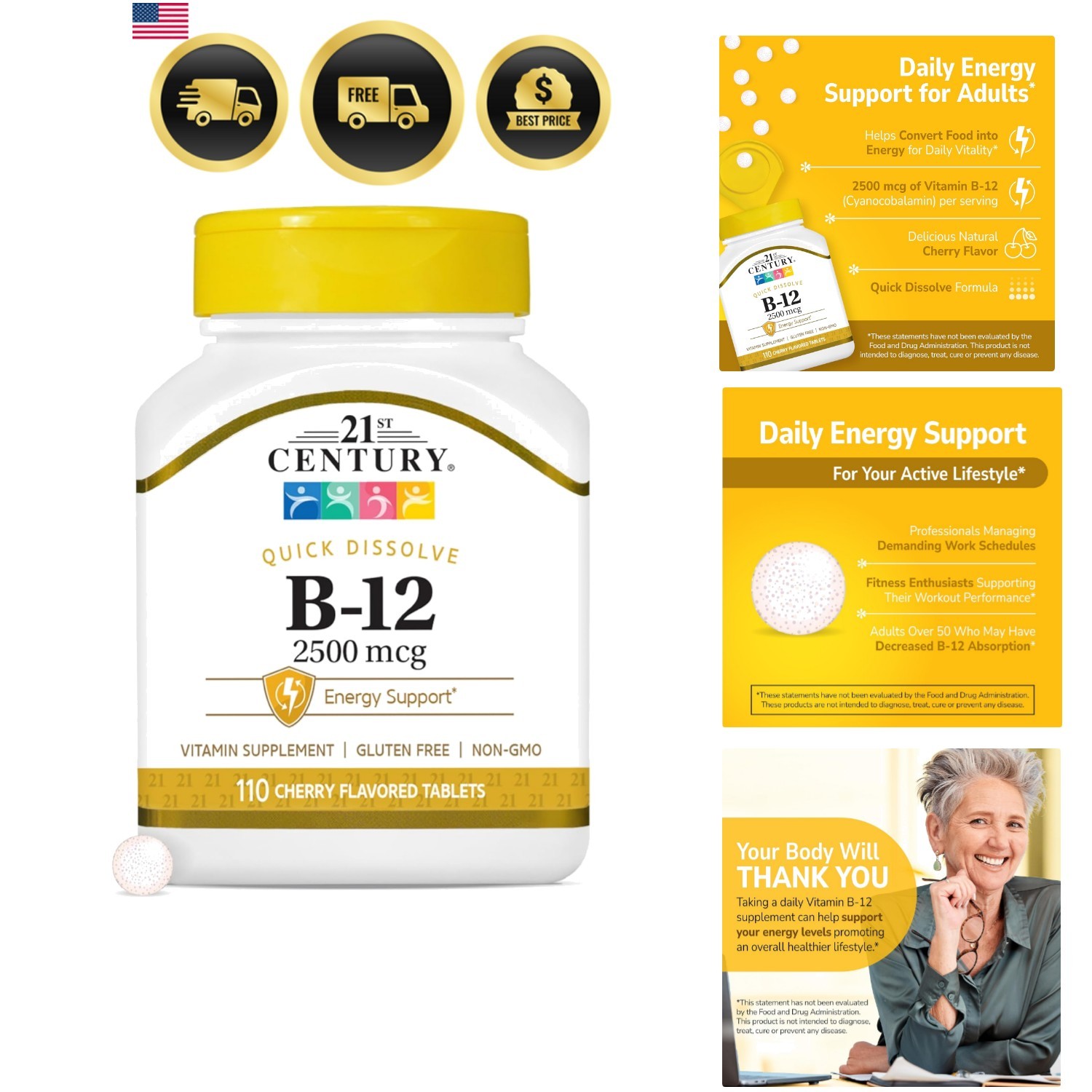 Vitamin B12 Sublingual Tablets 2500 mcg Energy Nerve Support 110 Count