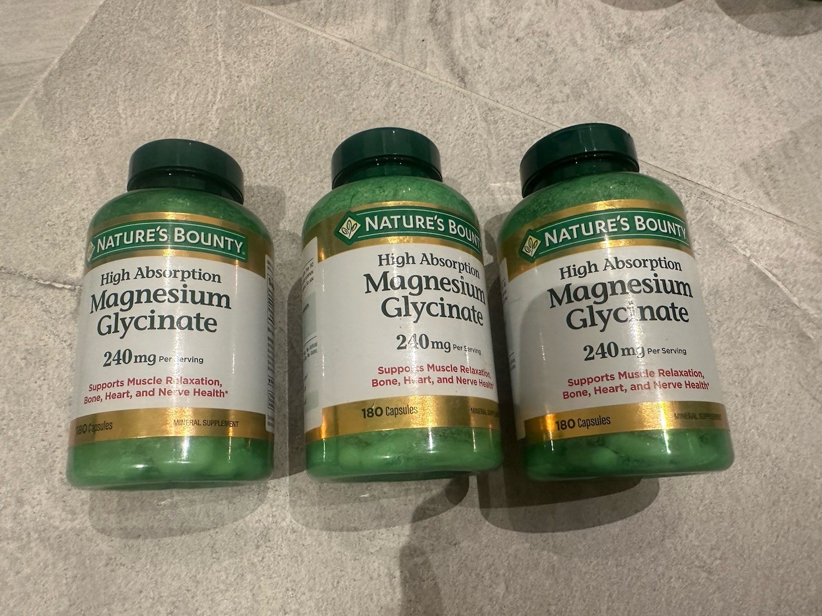 Nature’s Bounty High Absorption Magnesium Glycinate 240mg 180 Caps 3PACK See Des
