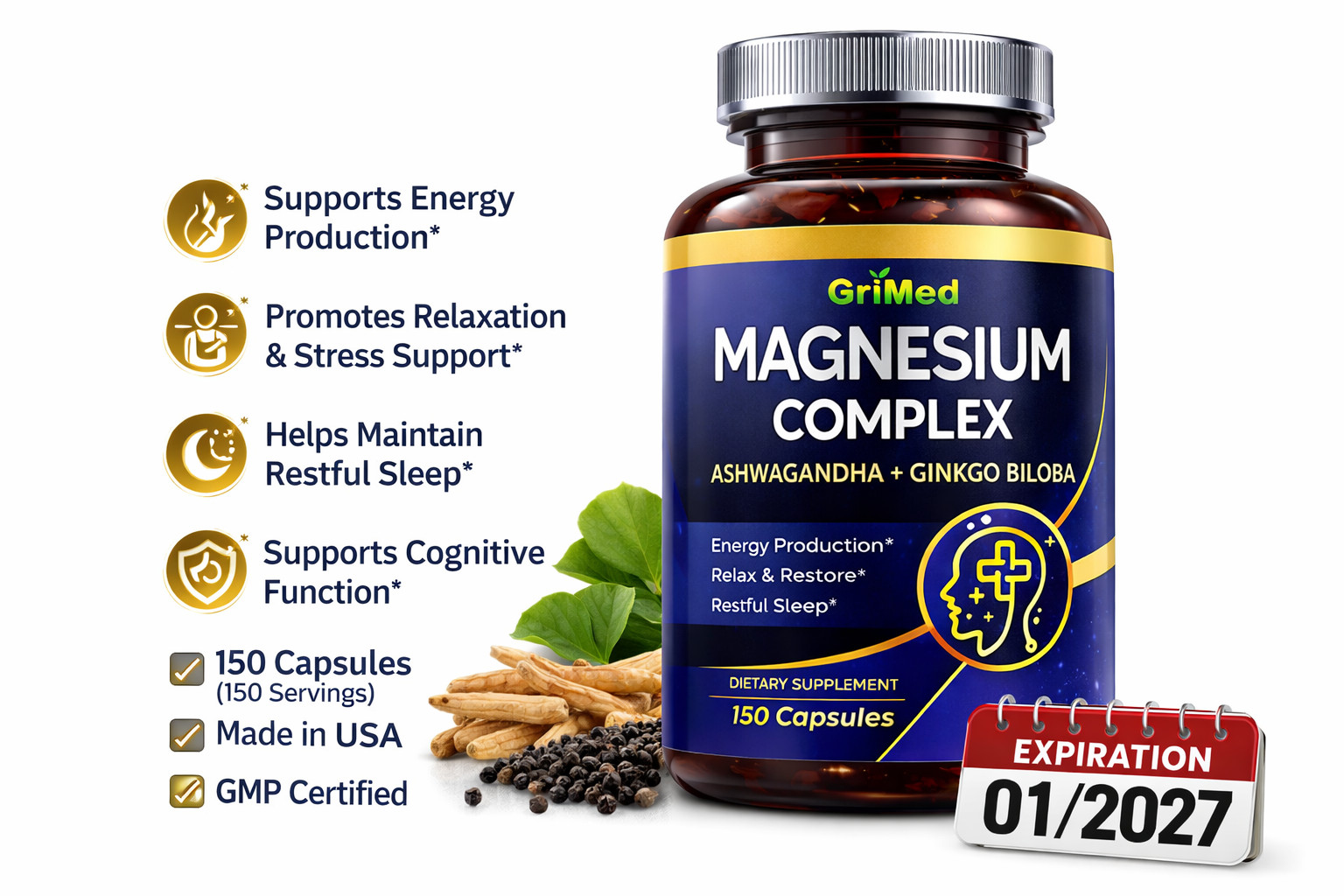 GriMed Magnesium Complex – 150 Capsules – Ashwagandha + Ginkgo Biloba – EXP 01/2