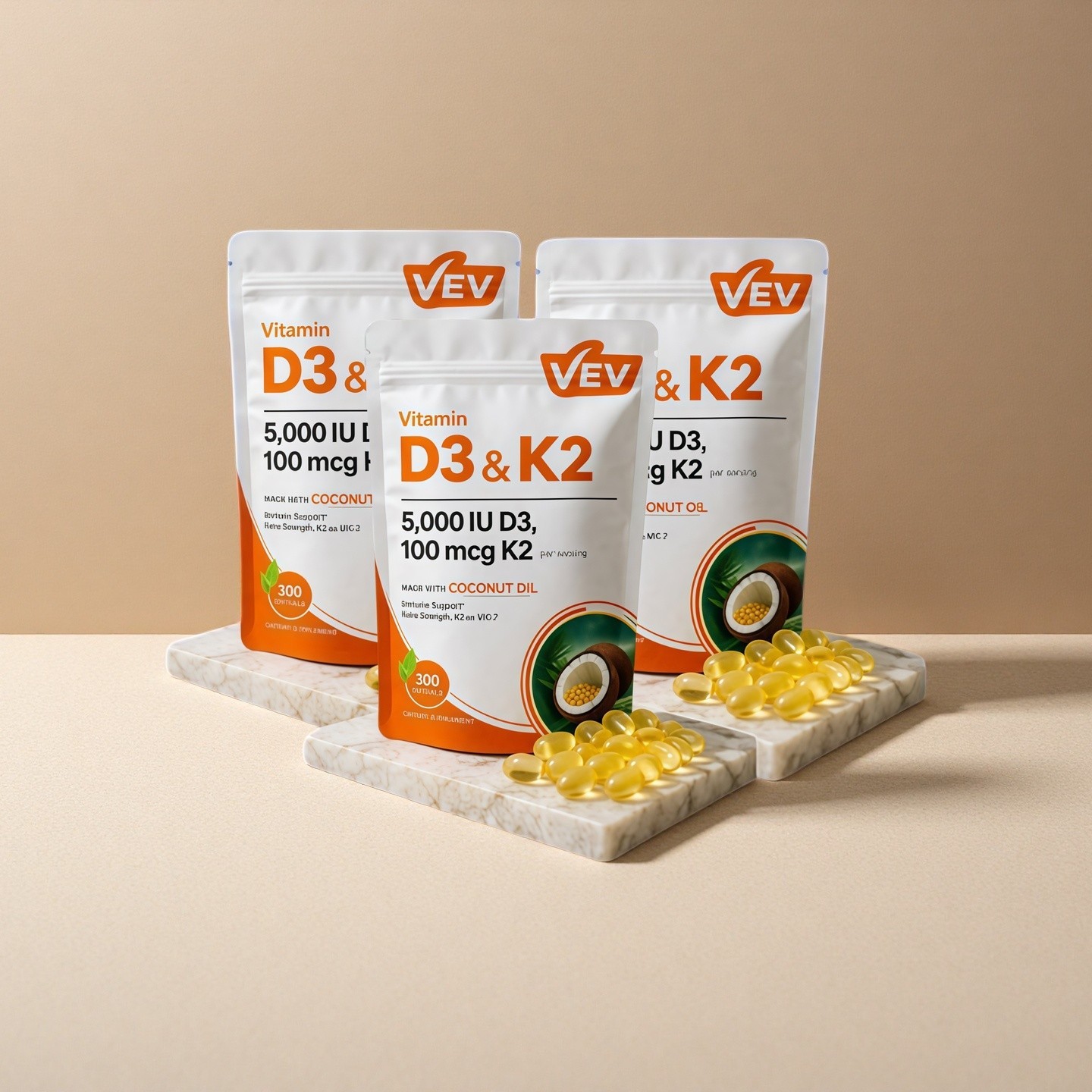 3PCS VEV D3 K2 10000 IU Softgels with Coconut Oil, 2-in-1 Vitamin Support 300 Ct