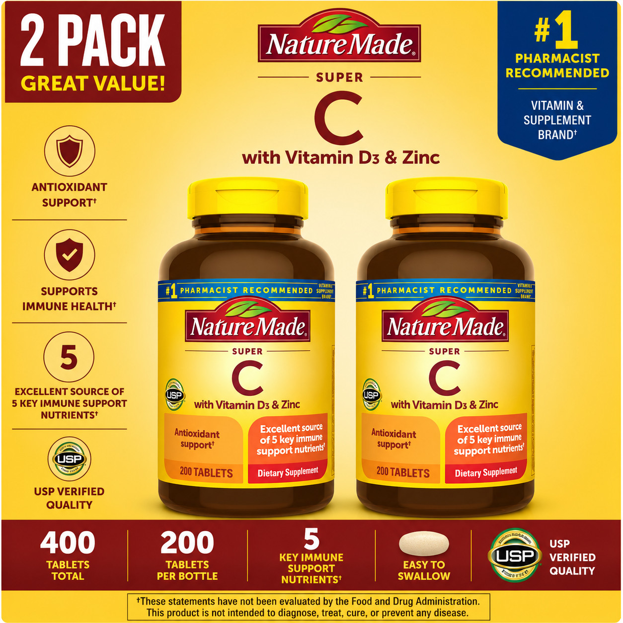 2-Pack Nature Made Super C with Vitamin D3 and Zinc, 200 Tablets