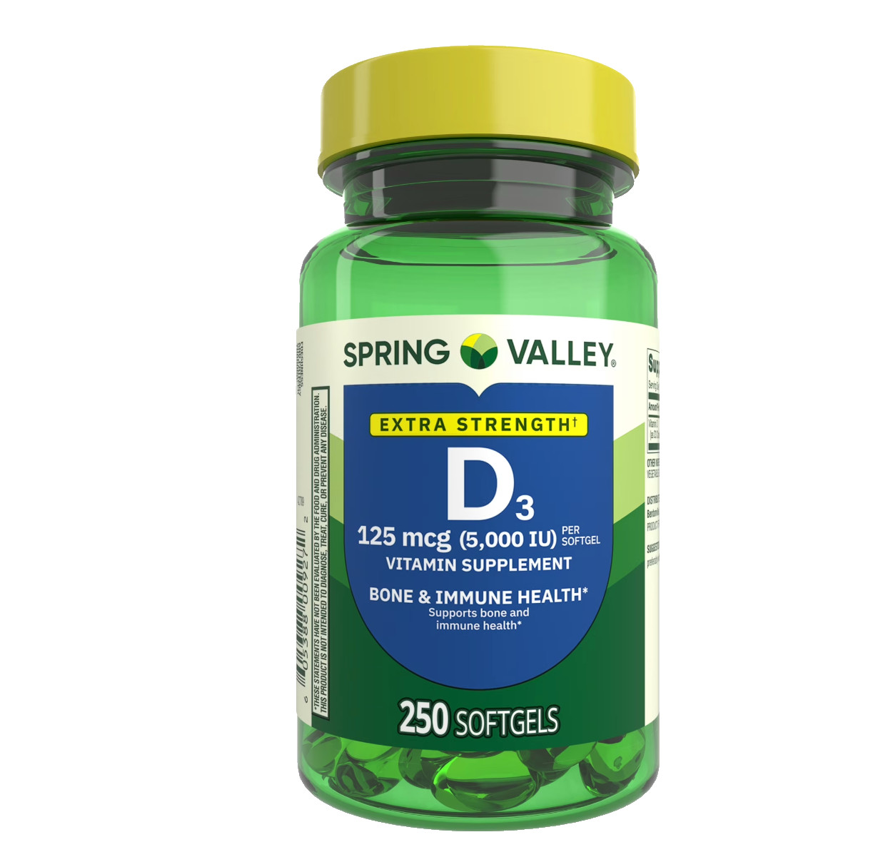 Spring Valley Vitamin D3 5000 IU 250 Softgels Extra Strength 125 mcg.,