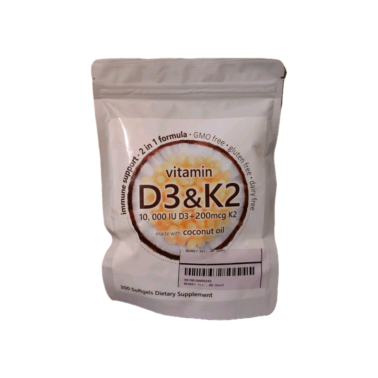 Vitamin D3 10,000 IU + K2 200 mcg w/Coconut Oil for Immune Support 300 Softgels