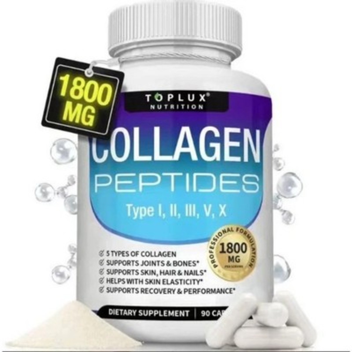 Toplux Nutrition 5-Type Collagen 1800mg – Skin & Joint Support, 90 Caps