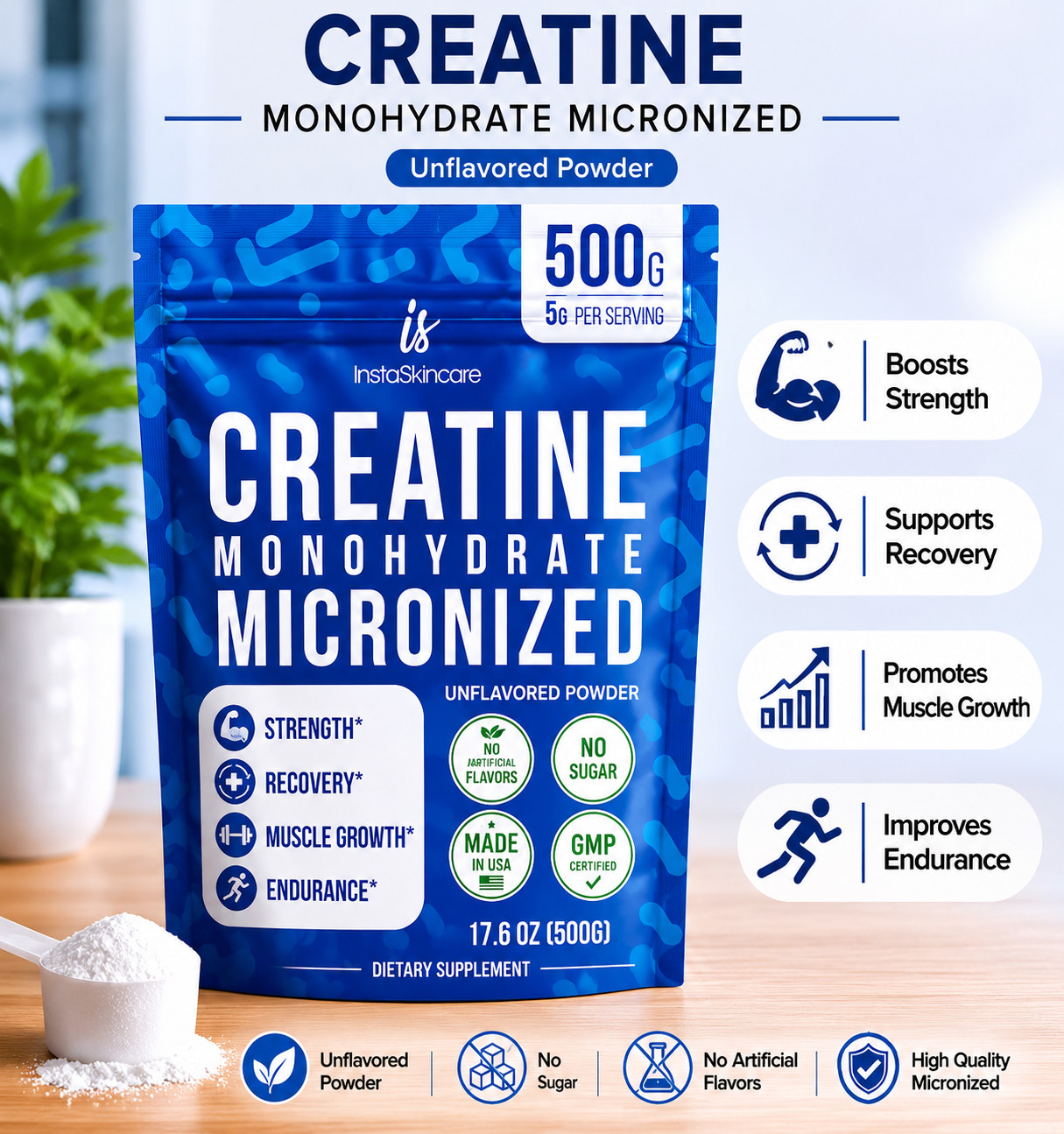 Creatine Monohydrate Powder Muscle Gain 5000mg Per Serv (5g) Made in USA 1.1LB