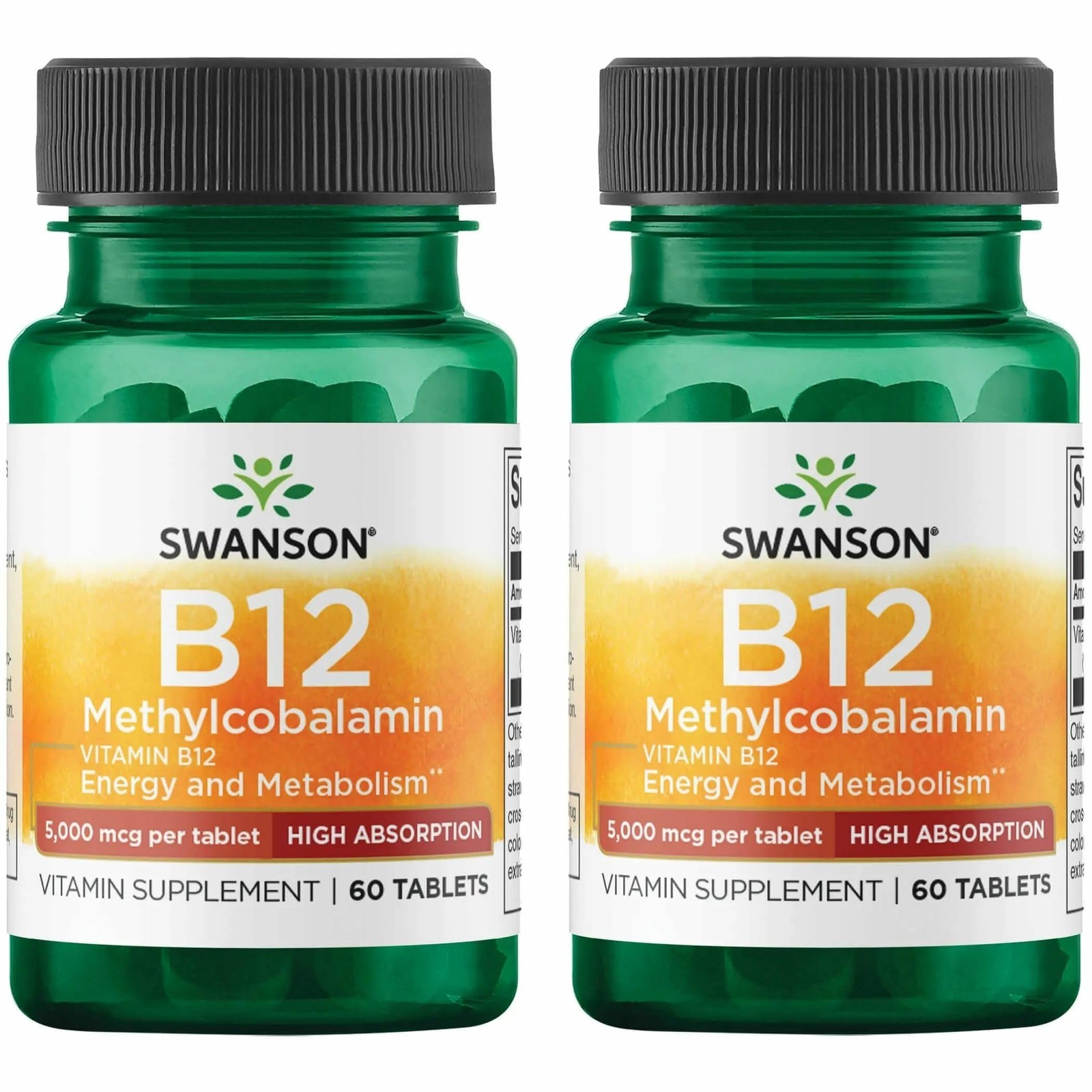 Swanson Vitamin B-12 Methylcobalamin High Absorption 5000 Mcg 60 Tabs 2 Pack