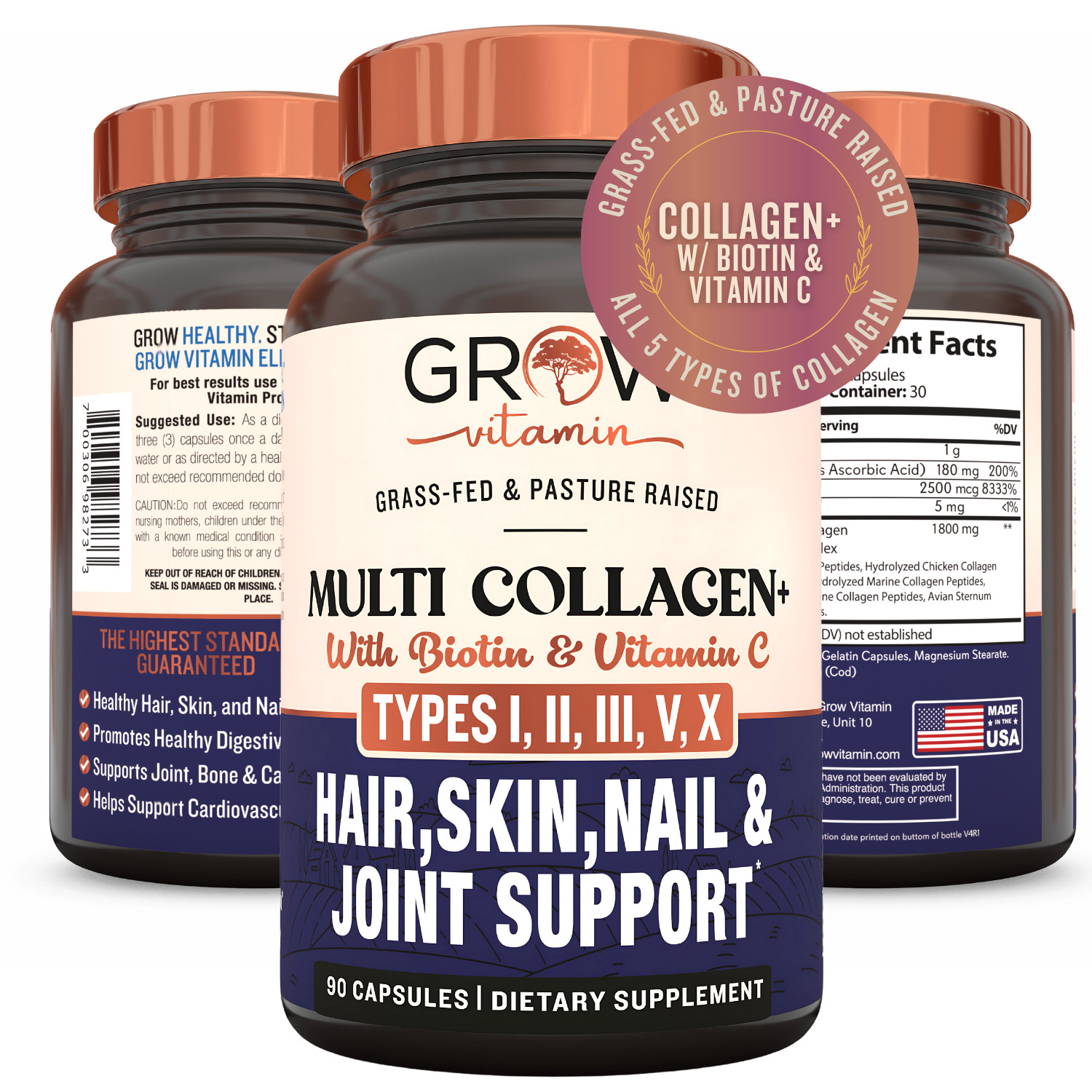 Grow Beyond Collagen Multi Collagen Capsules Types I II III V and X, with Biotin