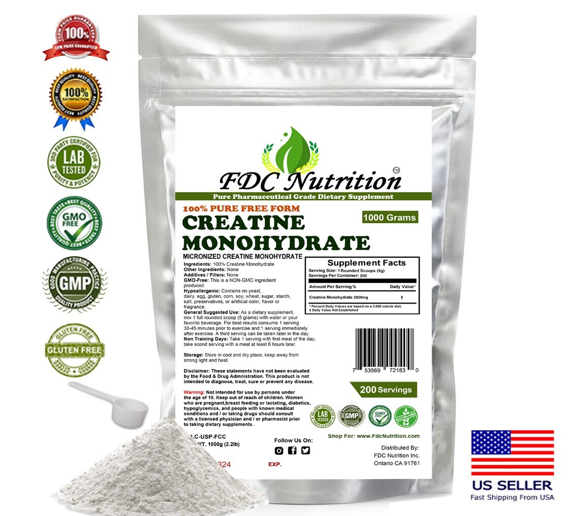 Creatine Monohydrate 100% Pure Powder 1000g (2.2 lb) Micronized by FDC NUTRITION