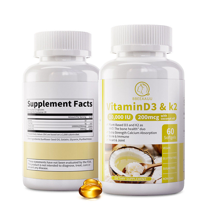 Vitamin D3 10,000 IU + K2 MK-7 200 mcg with Coconut Oil Non-GMO, Gluten Free