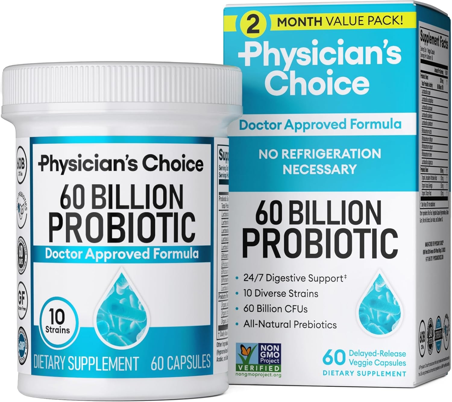 Physician’s CHOICE Probiotics 60 Billion CFU – 10 Strains + Organic Prebiotics –
